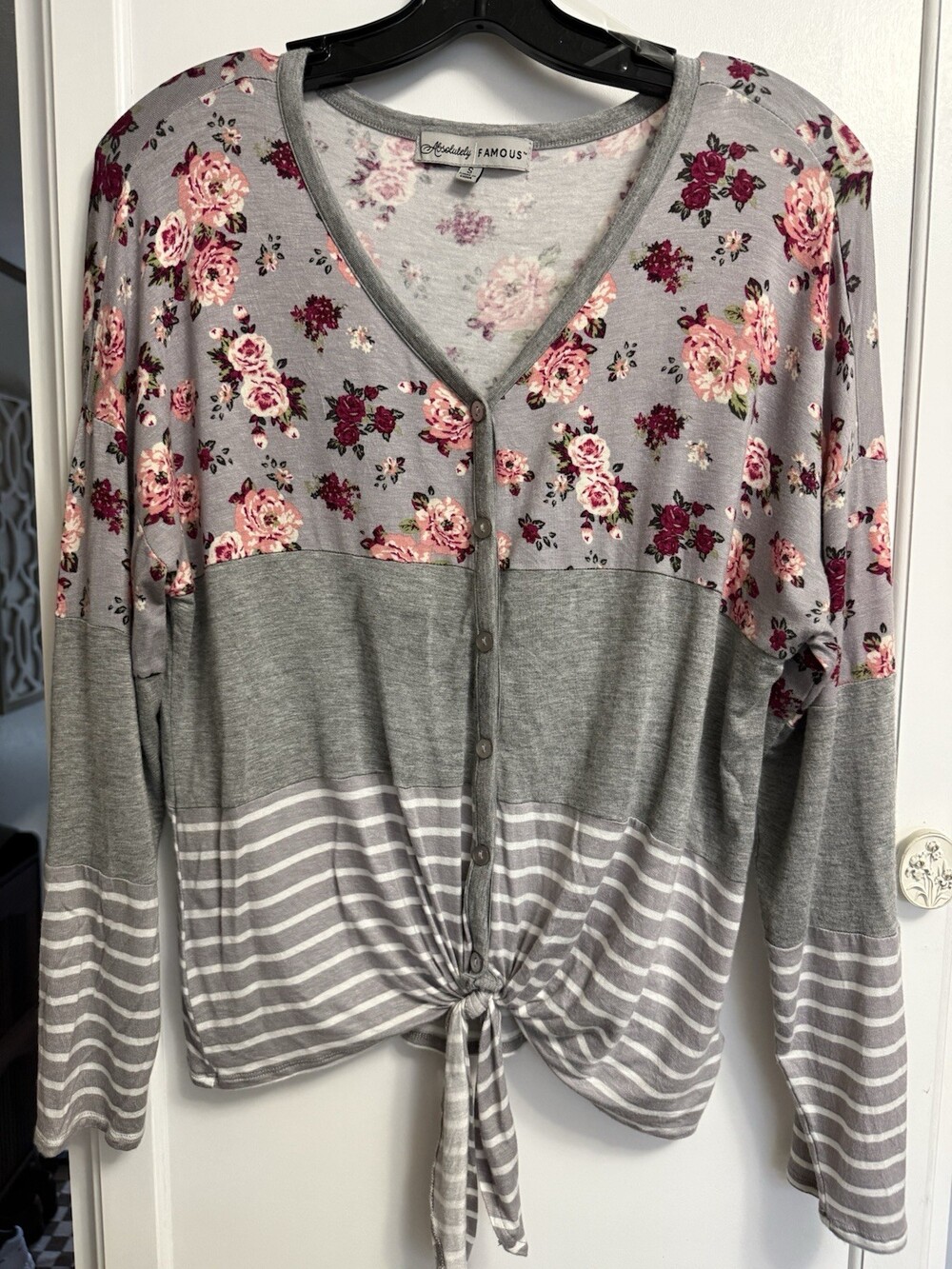 Absolutely Famous Women's Small Floral Striped Tie Front Button Up Blouse
